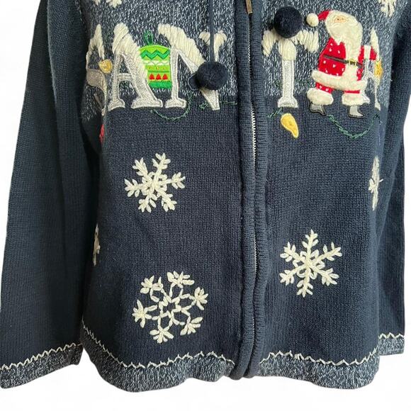 Navy blue vintage Christmas Zip Up Sweater with Santa Claus & snowflakes - Picture 3 of 8